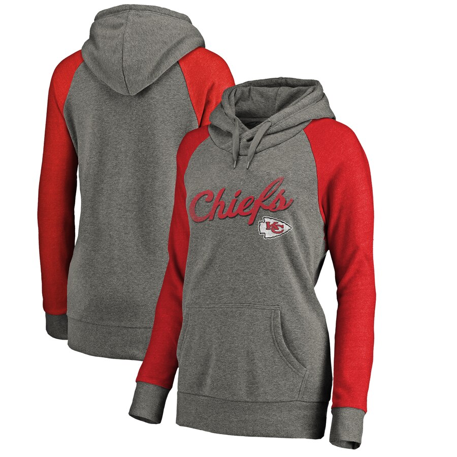 Kansas City Chiefs NFL Pro Line by Fanatics Branded Women Timeless Collection Rising Script TriBlend Raglan Pullover Hoodie Ash